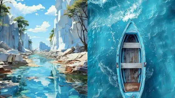 Viewing Deck Blog 50 Illustrated landscape with blue waters; canyon view on left, boat on right. Serene nature scene in vivid colors. | Sky Rye Design Illustrated landscape with blue waters; canyon view on left, boat on right. Serene nature scene in vivid colors.