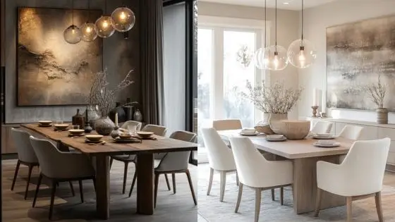 Modern dining room designs with wooden tables, beige chairs, and abstract art; sophisticated and elegant setting.