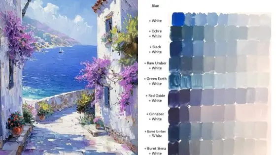 Viewing Deck Blog 51 Mediterranean seaside painting with vibrant colors alongside a color mixing chart for artistic inspiration. | Sky Rye Design Mediterranean seaside painting with vibrant colors alongside a color mixing chart for artistic inspiration.
