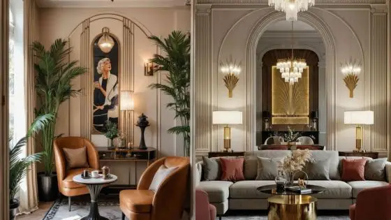 Viewing Deck Blog 53 Art Deco living room with elegant decor, featuring leather chairs, tall plants, wall art, and a stylish chandelier. | Sky Rye Design Art Deco living room with elegant decor, featuring leather chairs, tall plants, wall art, and a stylish chandelier.