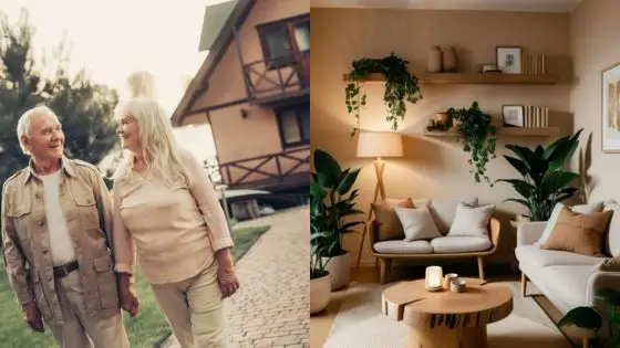 Viewing Deck Blog 6 Elderly couple walking outside home; cozy, plant-filled living room interior. | Sky Rye Design Elderly couple walking outside home; cozy, plant-filled living room interior.