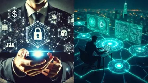 Viewing Deck Blog 6 Person holding digital security network with lock icon; another person at a computer, surrounded by digital screens. | Sky Rye Design Person holding digital security network with lock icon; another person at a computer, surrounded by digital screens.