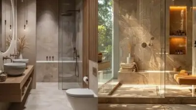 Modern luxury bathrooms with glass showers, elegant fixtures, and natural lighting.