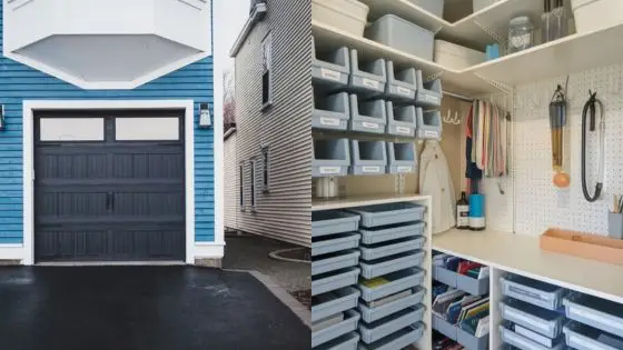 Viewing Deck Blog 7 Garage with blue exterior next to organized storage space with shelves and bins for efficient home organization. | Sky Rye Design Garage with blue exterior next to organized storage space with shelves and bins for efficient home organization.