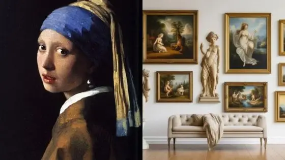 Left: Portrait of a woman in blue headscarf. Right: Room with classic paintings and sculptures above a sofa.