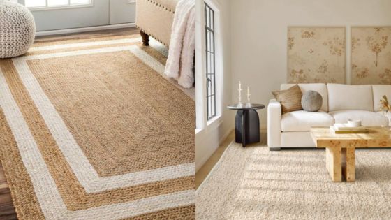 Stylish living room with a jute rug and modern decor, featuring a white sofa and wooden coffee table.