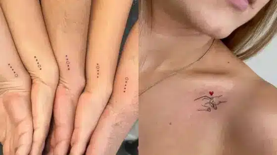 Viewing Deck Blog Minimalist tattoos on arms and collarbone, featuring dotted designs and a small hand outline with a red heart. | Sky Rye Design Minimalist tattoos on arms and collarbone, featuring dotted designs and a small hand outline with a red heart.