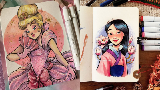 Illustrated characters in pink dresses with art supplies on wooden table, showcasing vibrant and colorful designs.