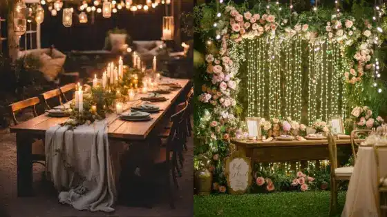 Elegant outdoor wedding reception setup with candlelit dining table and floral backdrop with string lights.