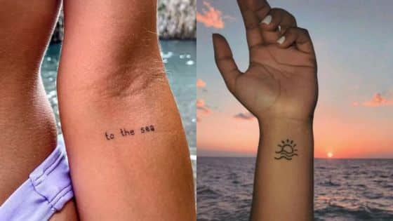 Two minimalist seaside tattoos: to the sea and a sun-wave symbol, set against ocean backdrops.