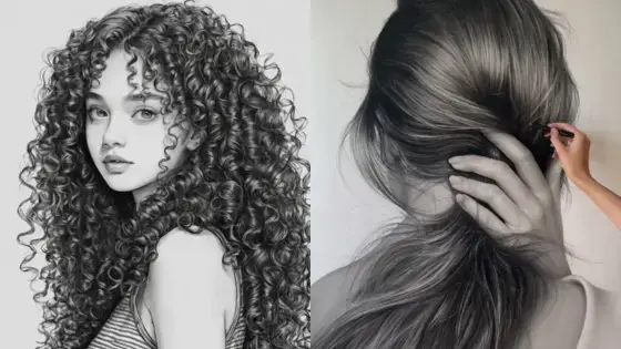 Viewing Deck Blog21 Black and white drawings of a woman with curly hair and a hand styling wavy hair, showcasing artistic techniques. | Sky Rye Design Black and white drawings of a woman with curly hair and a hand styling wavy hair, showcasing artistic techniques.