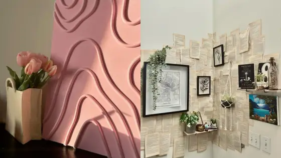 Viewing Deck Blog22 Pink abstract wall panel with tulips; creative room decor with book pages, plants, and framed art on walls. | Sky Rye Design Pink abstract wall panel with tulips; creative room decor with book pages, plants, and framed art on walls.