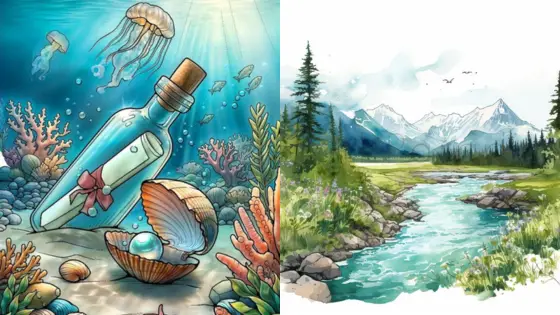 Viewing Deck Blog23 Underwater bottle and pearl with a serene mountain landscape and river scene. | Sky Rye Design Underwater bottle and pearl with a serene mountain landscape and river scene.
