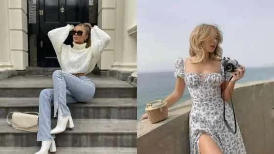 Stylish women in casual and floral outfits: one sitting on stairs, another by the sea with a camera.