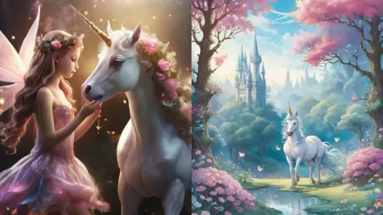 Viewing Deck Blog26 Fairy with unicorn surrounded by flowers and castle in magical fantasy landscape. | Sky Rye Design Fairy with unicorn surrounded by flowers and castle in magical fantasy landscape.