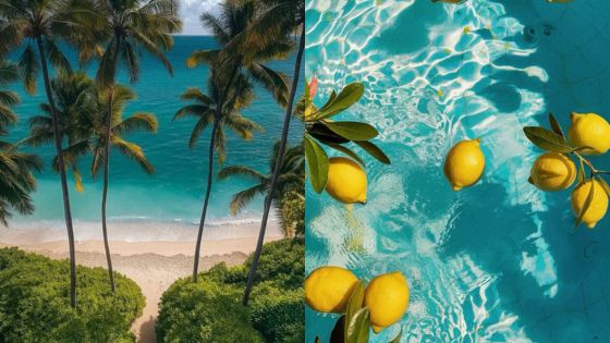 Tropical beach with palms and clear ocean, alongside vibrant lemons floating in a refreshing pool.