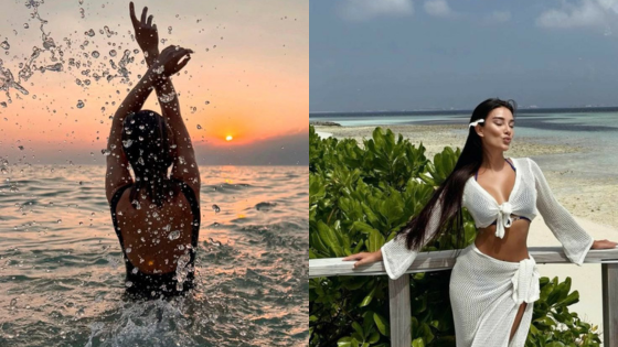 Woman enjoying ocean sunset swim; another poses by tropical beach, wearing a white outfit.