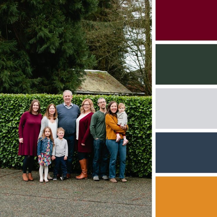 Family portrait in front of green hedge with color palette swatches on the side for matching outfit inspiration.