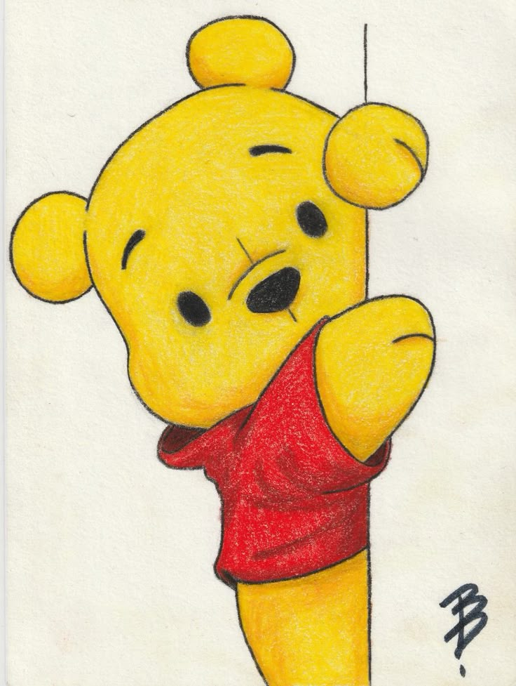 Cartoon bear in a red shirt peeking playfully from the side, drawn with bold colors.