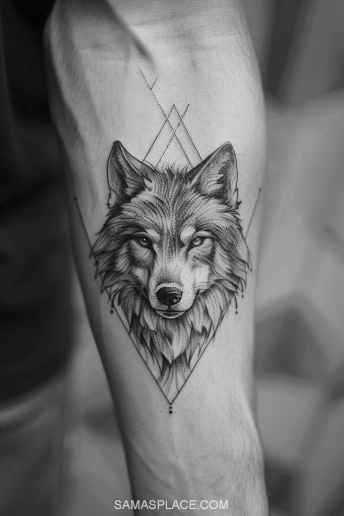 Geometric wolf tattoo on forearm, showcasing intricate design and shading in black and grey.