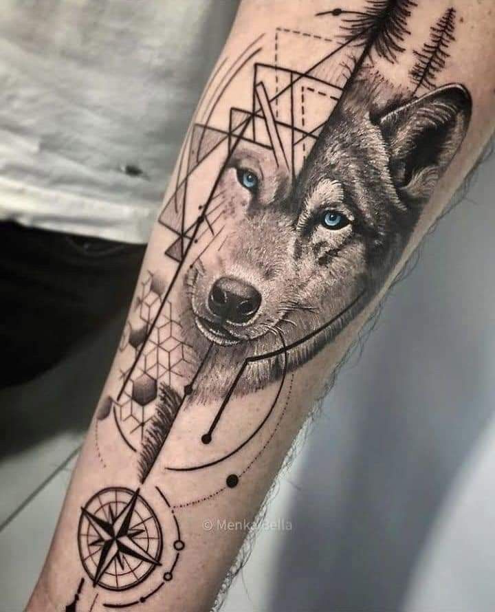 Unique wolf tattoo design on forearm with geometric patterns, blending nature and geometry artfully.