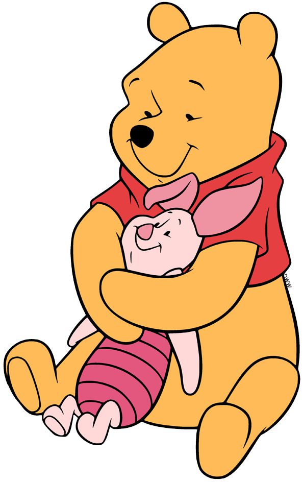 Cartoon bear in a red shirt hugging a small striped pig with affection, both smiling.