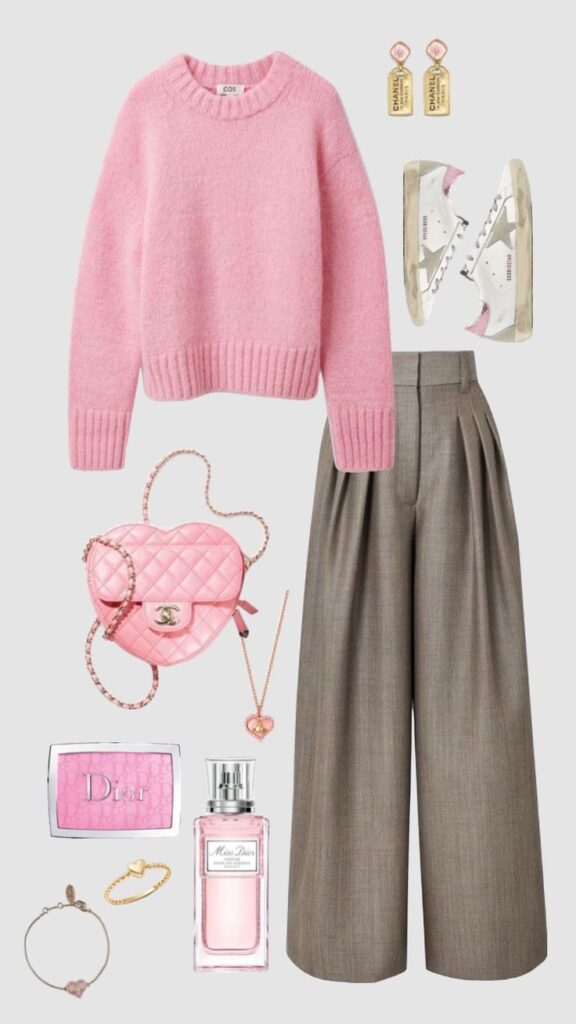 Chic outfit ensemble: pink sweater, gray wide-leg pants, sneakers, pink bag, jewelry, and Miss Dior perfume. Perfect fall look.