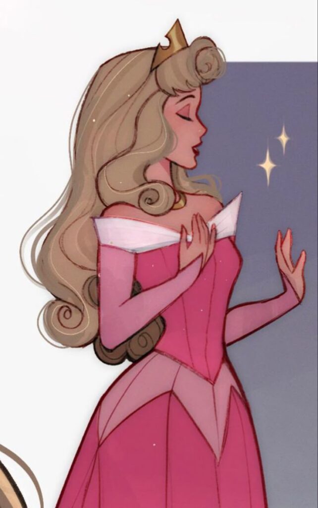 Animated princess in a pink gown with a crown, side profile, magical stars in the background.