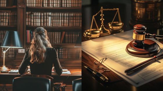 Lawyer working in library with legal documents, scales, and gavel on desk, symbolizing justice and legal practice.