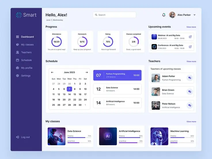 Dashboard interface showing class schedules, progress, upcoming events, and teacher information for a learning platform.