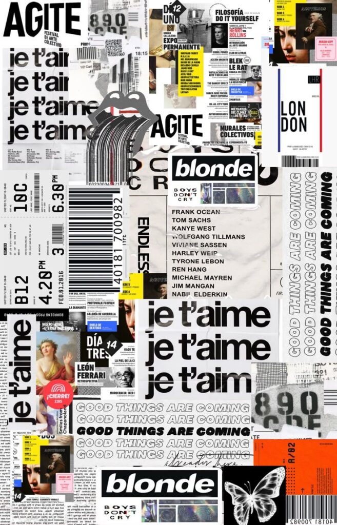 Collage of text snippets and graphics featuring phrases je t’aime, blonde, and good things are coming.