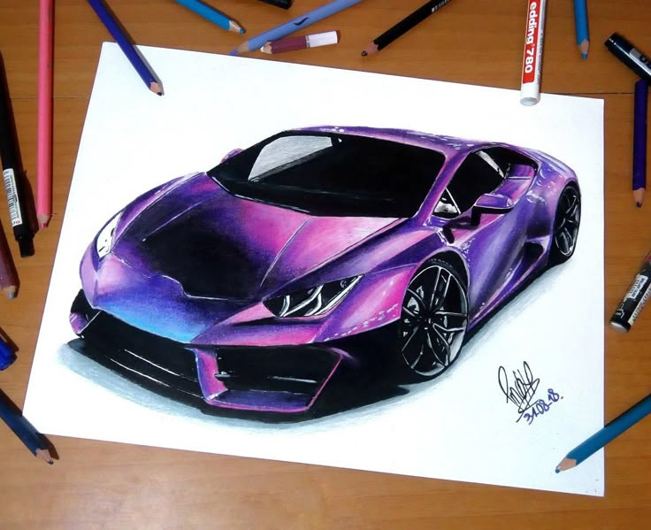 Drawing of a sleek, purple sports car on paper, surrounded by colored pencils on a wooden table.