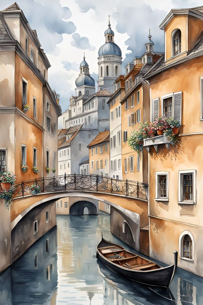Watercolor painting of a charming European canal with a gondola, arched bridge, and colorful historic buildings.