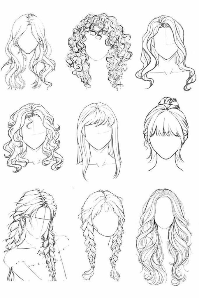 Nine illustrated hairstyles showcasing curls, waves, braids, and bangs in a sketch style. Perfect for design inspiration.