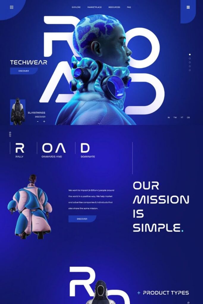 Futuristic techwear website design with bold text ROAD and mission statement in a vibrant blue theme.