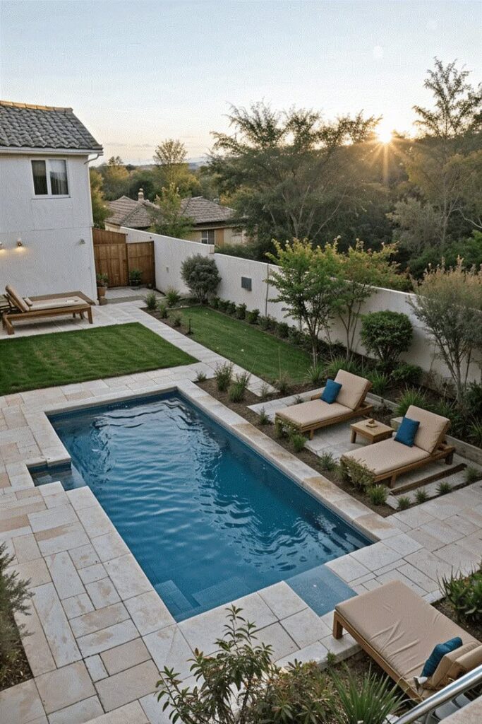 Modern backyard with a rectangular pool, sun loungers, and garden at sunset. Ideal for relaxation and outdoor enjoyment.