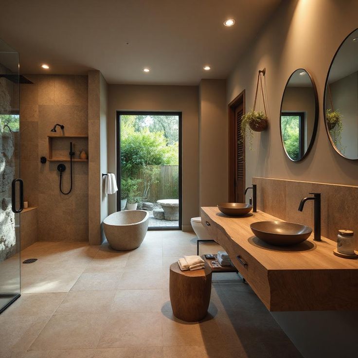 Modern bathroom interior with stone bathtub, dual sinks, and glass shower, overlooking lush garden through large window.