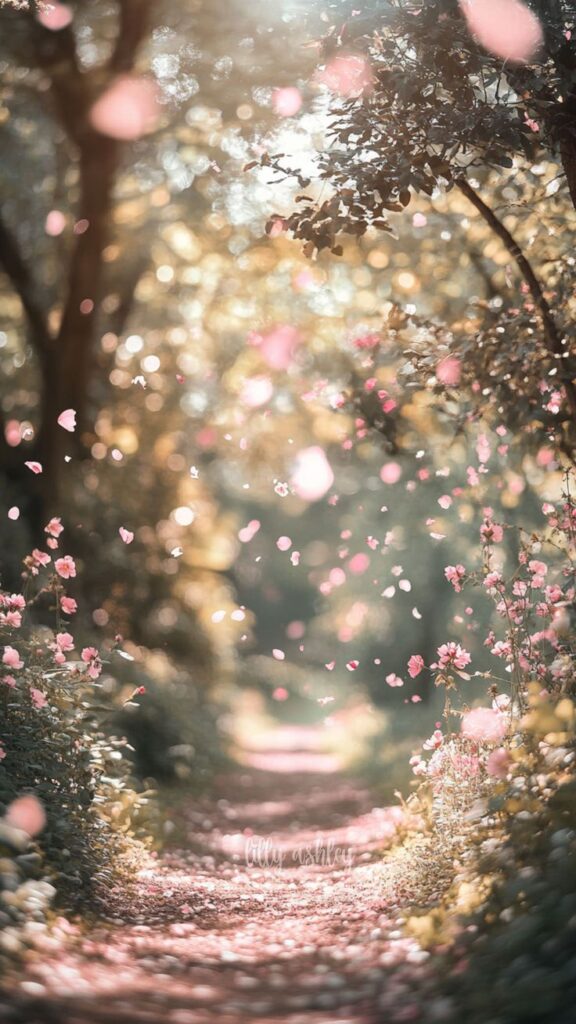 Enchanting forest path with falling pink petals and sunlight filtering through trees. Serene, dreamy nature scene.