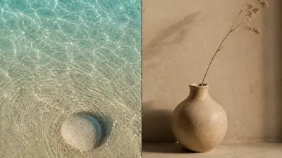 Split composition: clear turquoise shallow water with round stone and ripples; minimalist beige ceramic vase with dried stem.