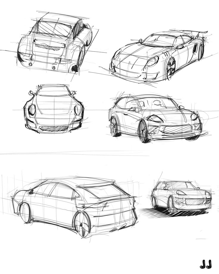 Concept car sketches displaying various angles and designs.