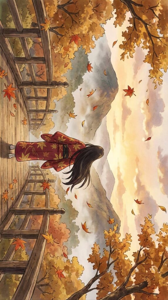 Serene autumn landscape: woman in red kimono standing on wooden bridge with falling maple leaves and mountain sunset