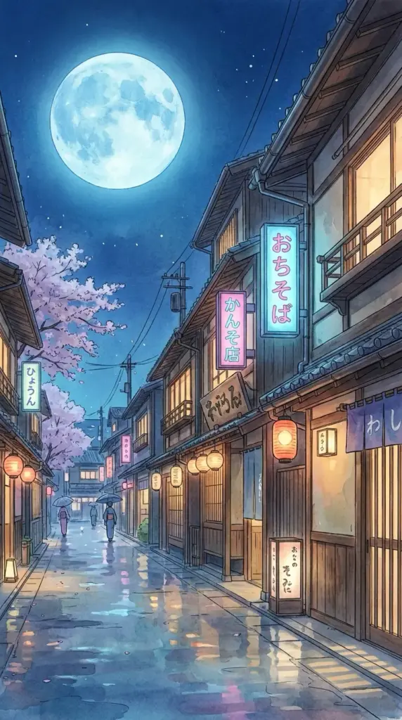 Anime-style illustration of a rainy traditional Japanese street at night with full moon, cherry blossoms, lanterns.