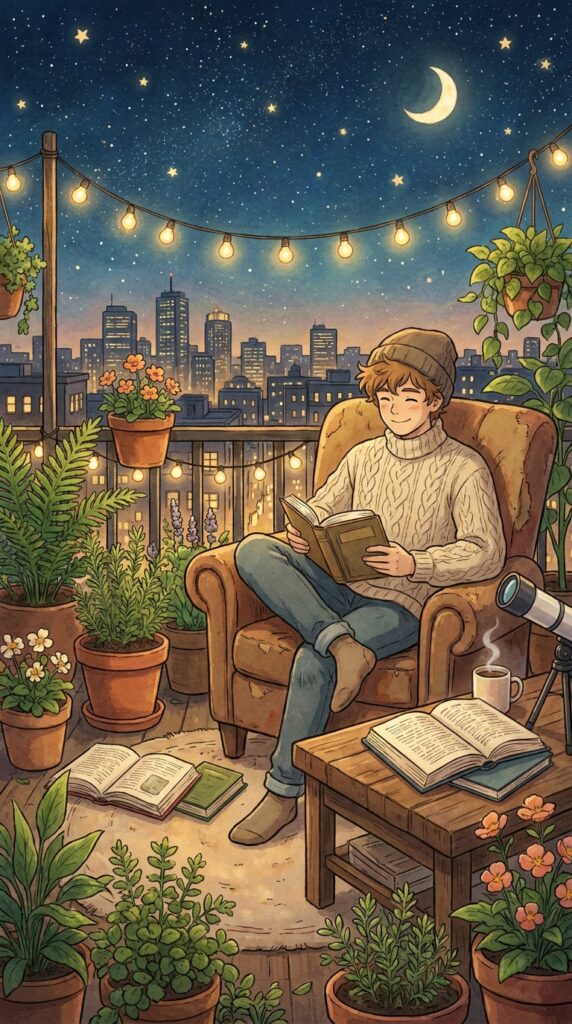 Cozy balcony reading nook at night — person reading amid potted plants, string lights, city skyline and moon.