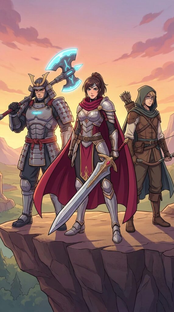 Epic fantasy RPG trio: female knight with sword, samurai with glowing axe, hooded archer on cliff at sunset.