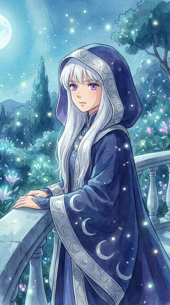 Anime-style white-haired moon priestess with purple eyes in moon-crescent hooded cloak on balcony at night