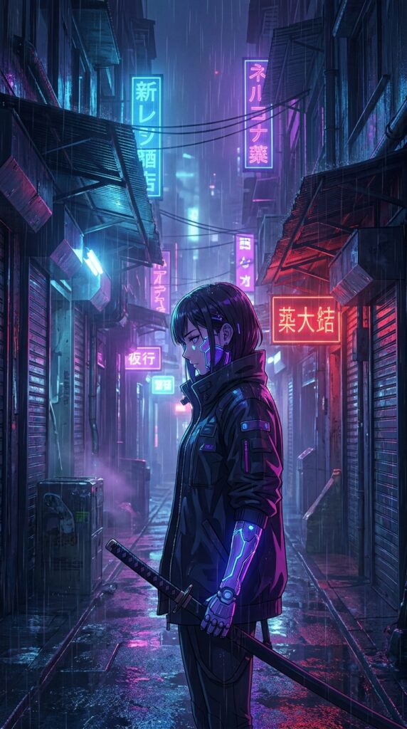 Anime cyberpunk woman with glowing cybernetic arm holding katana in neon-lit rainy alley with purple-blue signs