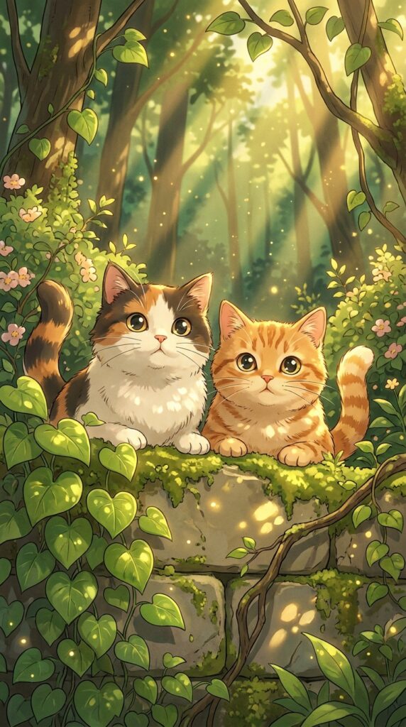 Cute calico and orange tabby kittens on a mossy stone wall in a sunlit forest — whimsical nature illustration