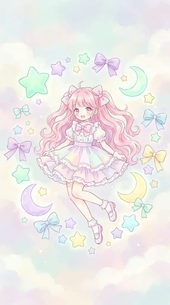 Pastel kawaii anime girl with pink pigtails in frilly dress surrounded by stars, moons and bows