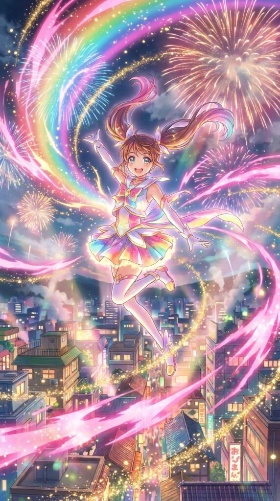 Colorful magical girl anime illustration soaring above city at night with rainbow ribbons, sparkles and fireworks