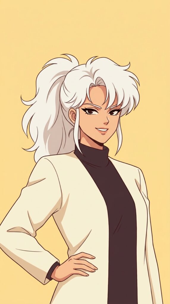 Confident white-haired anime woman in cream blazer and black turtleneck, posing against pale yellow background